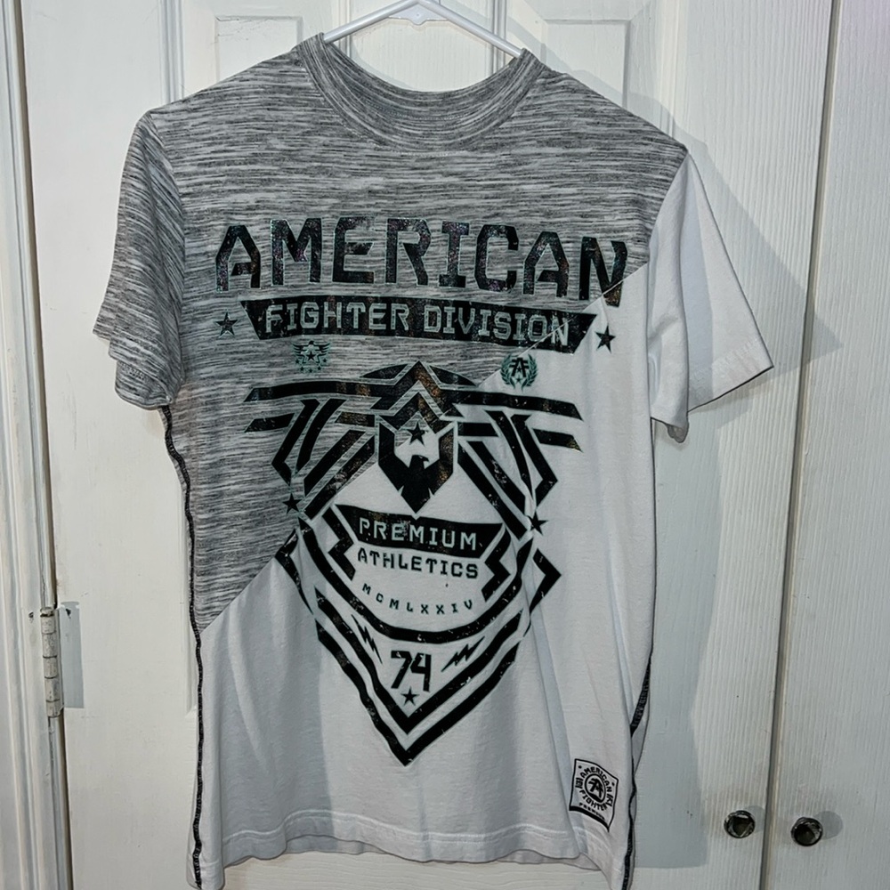 AMERICAN FIGHTER  White and gray Athletic Fit Mens T-shirt XS